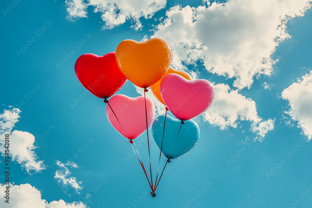 floating heart-shaped balloons on a bright blue sky floating heart-shaped balloons on a bright blue sky