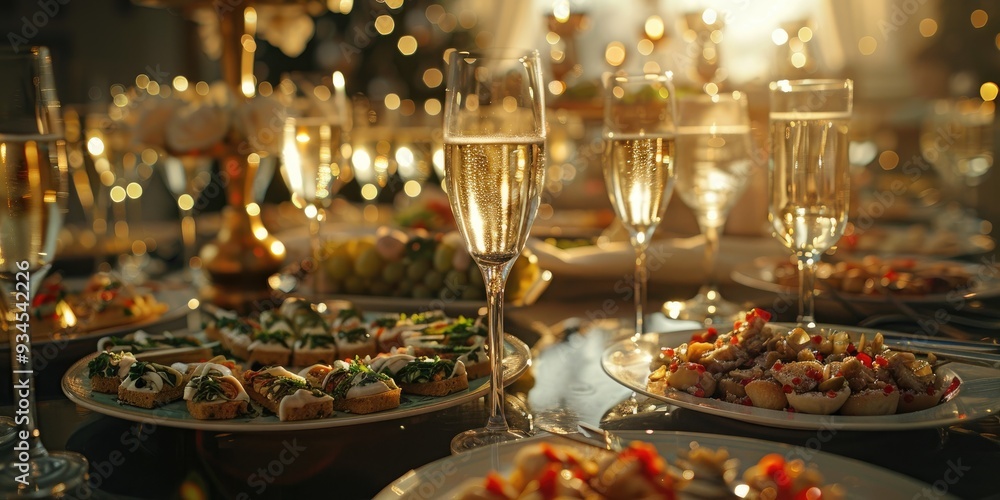Canapes on plates and champagne in flutes on elegantly set tables for festive occasion Canapes on plates and champagne in flutes on elegantly set tables for festive occasion
