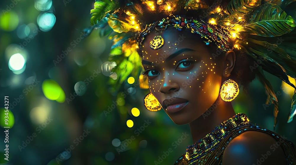 A woman adorned with lights and jewelry in a jungle setting A woman adorned with lights and jewelry in a jungle setting