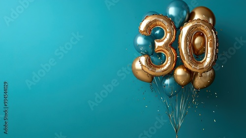 Golden Number 30 Balloons with Teal Background and Confetti