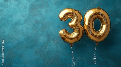 Gold Number 30 Balloons Against Teal Background