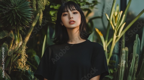 urban style no face portrait woman black oversized shirt cacti photo