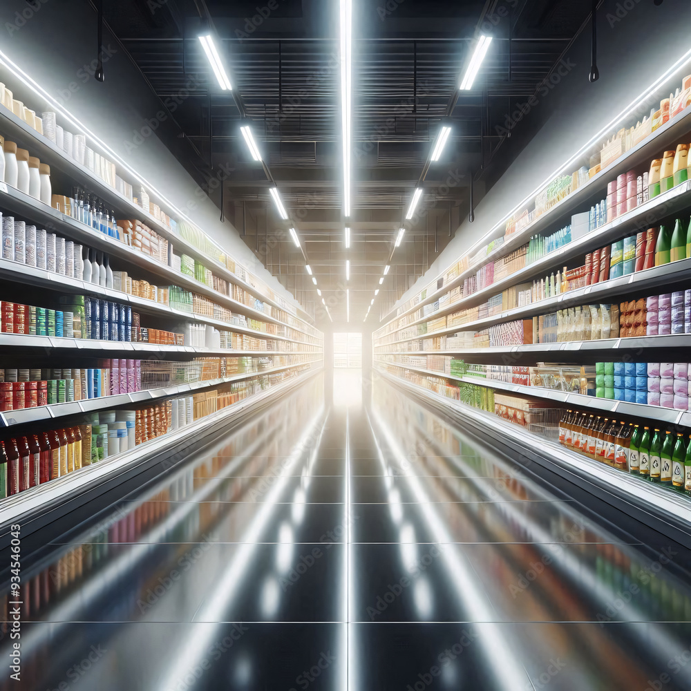Empty shelves stretch into the distance along a brightly lit supermarket aisle in this digital artwork. Steel beams crisscross the high ceiling, and the white floor. Generative AI. Empty shelves stretch into the distance along a brightly lit supermarket aisle in this digital artwork. Steel beams crisscross the high ceiling, and the white floor. Generative AI.