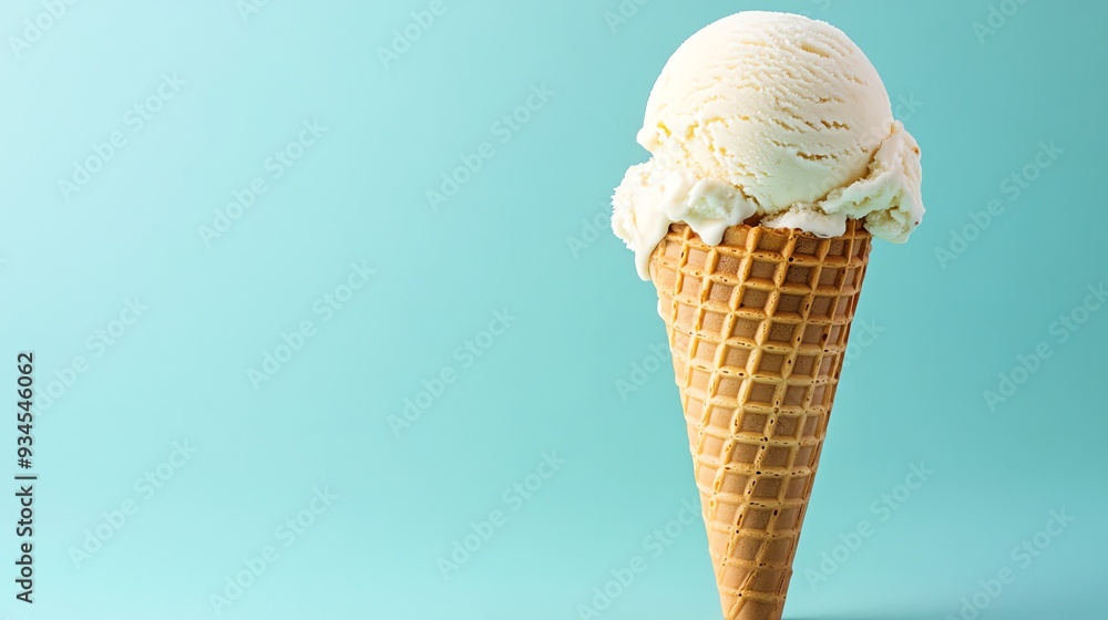 A waffle cone filled with vanilla ice cream on a light blue background. A waffle cone filled with vanilla ice cream on a light blue background.