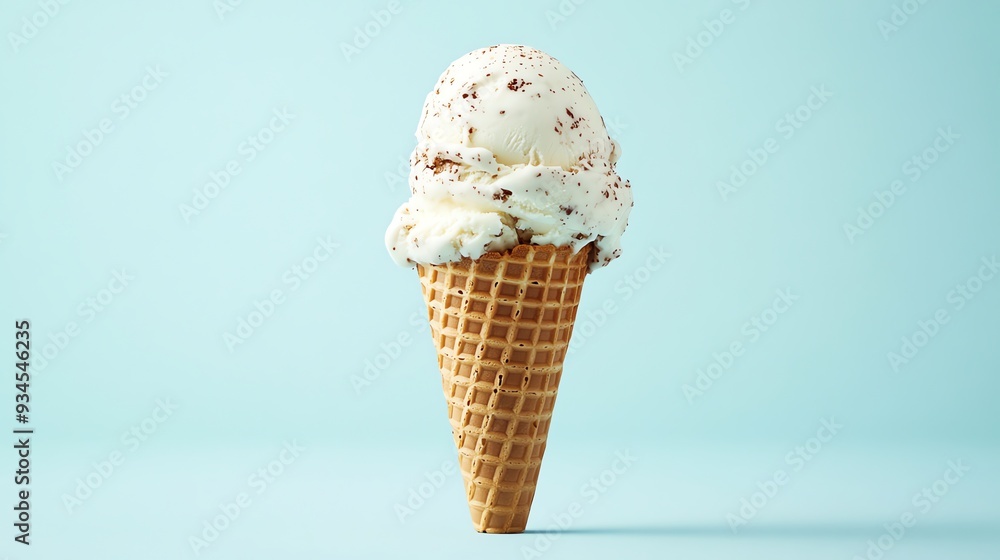 A melting ice cream cone with a light blue background. A melting ice cream cone with a light blue background.