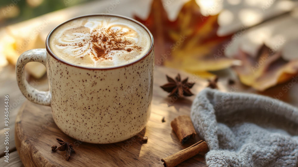 Autumnal spiced beverage, cozy and warm drink, spices and rustic serving cup, brown and tan cream colored serving mug Autumnal spiced beverage, cozy and warm drink, spices and rustic serving cup, brown and tan cream colored serving mug