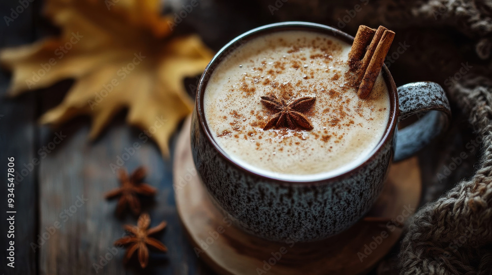 Autumnal spiced beverage, cozy and warm drink, spices and rustic served with cinnamon sticks and anise on a small wood coaster, fall leaves out of focus in the background close up Autumnal spiced beverage, cozy and warm drink, spices and rustic served with cinnamon sticks and anise on a small wood coaster, fall leaves out of focus in the background close up