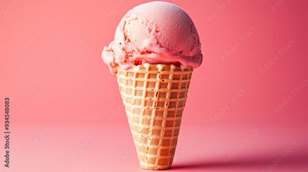 A scoop of pink ice cream in a waffle cone, on a pink background. A scoop of pink ice cream in a waffle cone, on a pink background.