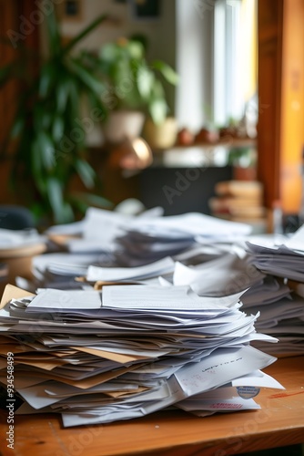 Cinematic shot of paperwork overlapping on a desk indicating work pressure AI generated illustration