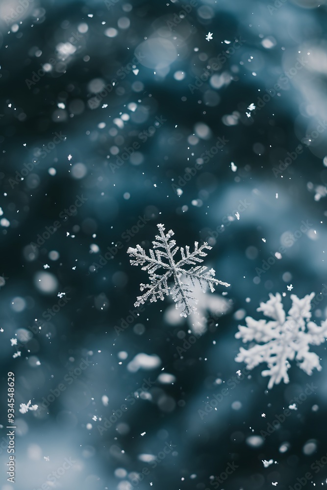 Fototapeta premium Cinematic shot of snowflakes falling for a minimalist macro background AI generated illustration