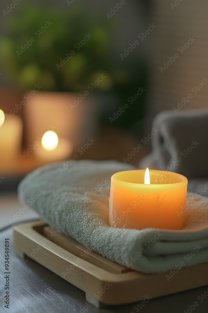 Close up of a candles flame providing a gentle glow in a spa setting AI generated illustration Close up of a candles flame providing a gentle glow in a spa setting AI generated illustration