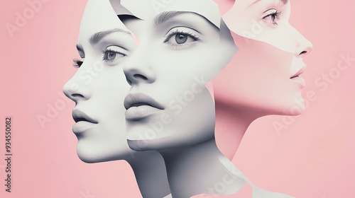 A digital collage of a woman's face with pink and gray abstract shapes and textures.