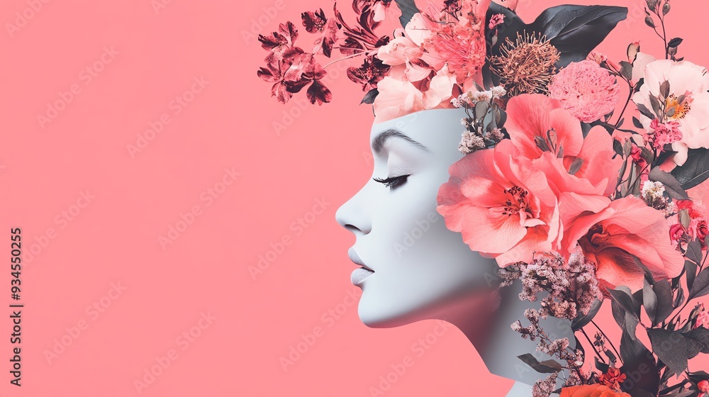 A woman's face is layered with various pink flowers on a pink background. A woman's face is layered with various pink flowers on a pink background.