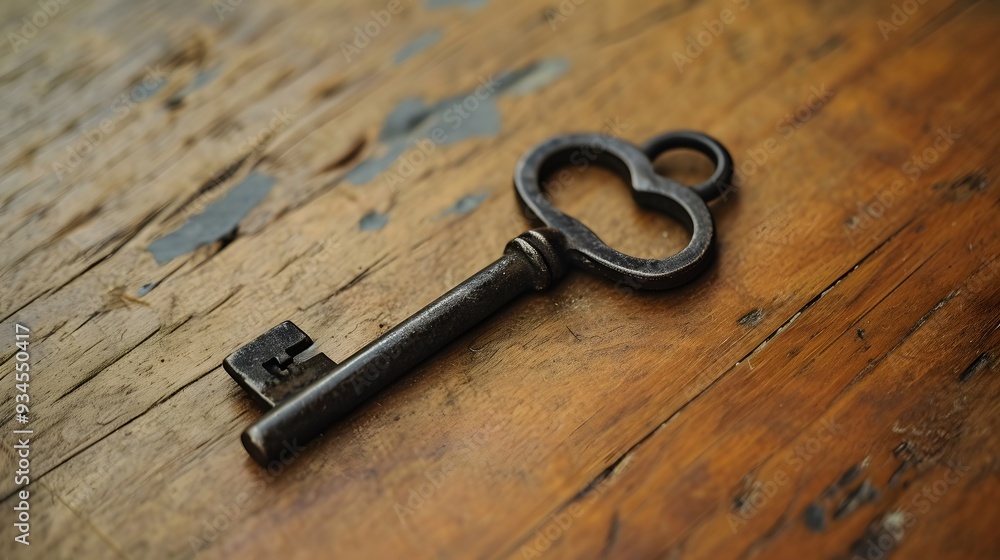 Close up of an old key lying on a smooth wooden surface showcasing its intricate design details AI generated illustration Close up of an old key lying on a smooth wooden surface showcasing its intricate design details AI generated illustration