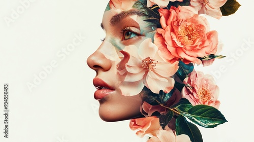 A double exposure portrait of a woman with flowers layered over her face.