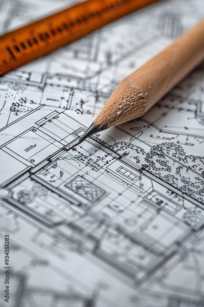 Close-up of a blueprint being gradually filled in AI generated illustration Close-up of a blueprint being gradually filled in AI generated illustration