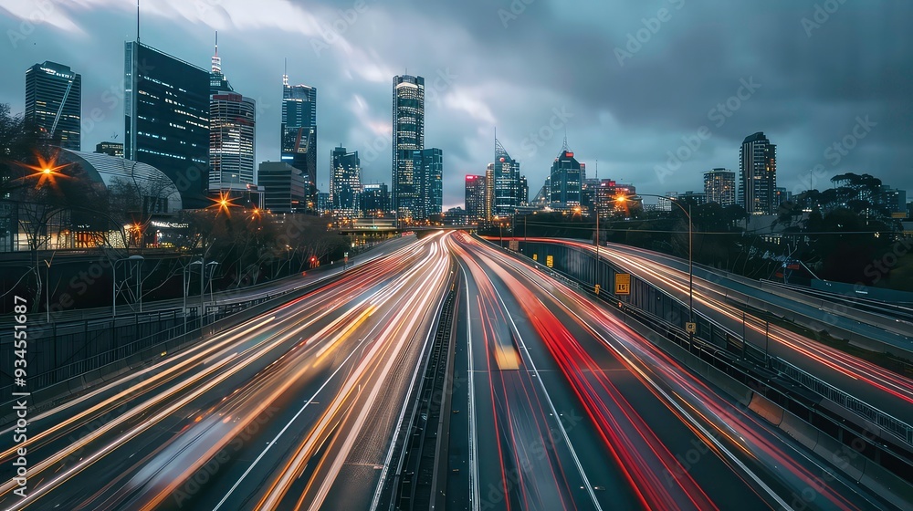 A long exposure shot of a highway with blurred lights and a cityscape in the background. A long exposure shot of a highway with blurred lights and a cityscape in the background.