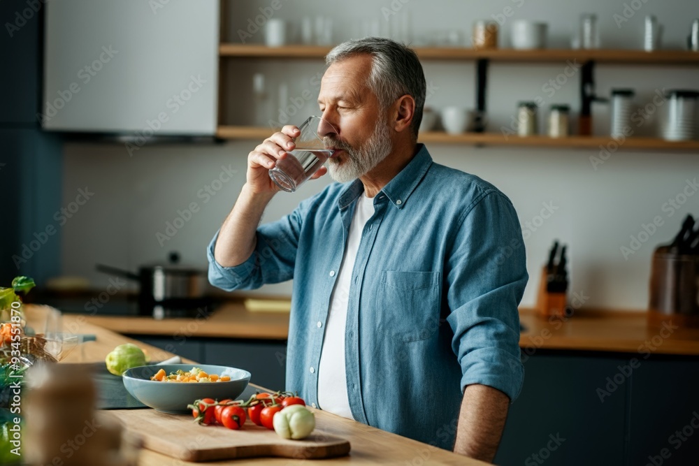 A man is drinking water while sitting at a table with a bowl of vegetables A man is drinking water while sitting at a table with a bowl of vegetables