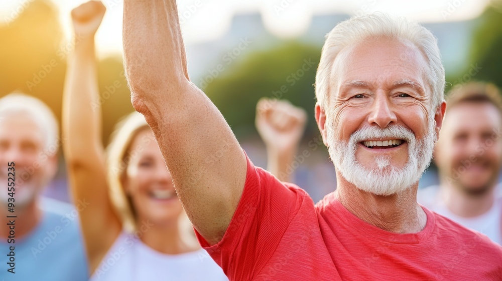 A man in a red shirt is smiling and raising his right hand A man in a red shirt is smiling and raising his right hand