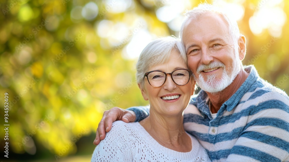 A couple of older people are smiling and hugging each other in a park A couple of older people are smiling and hugging each other in a park