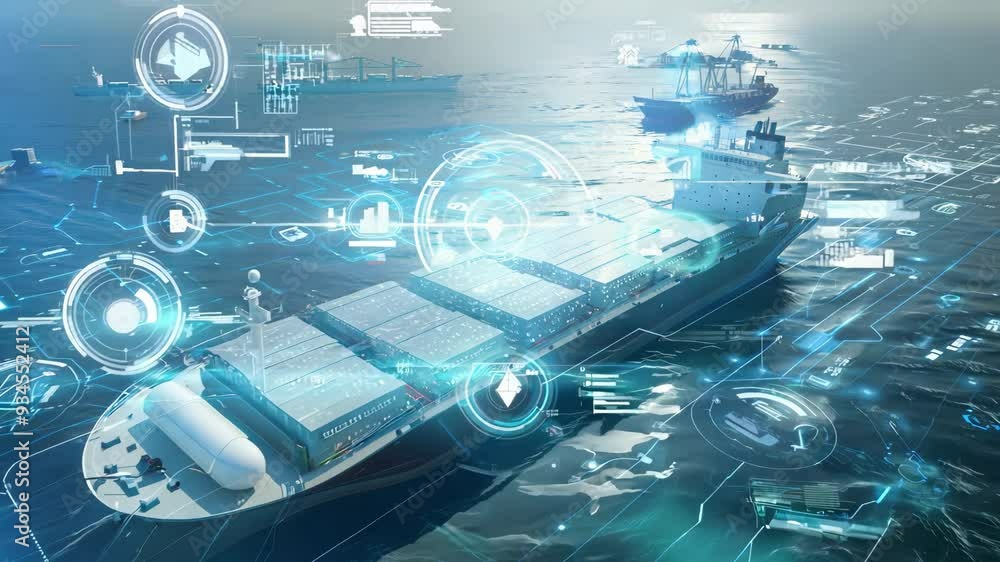 Futuristic cargo ship navigating through digital ocean with overlay ...