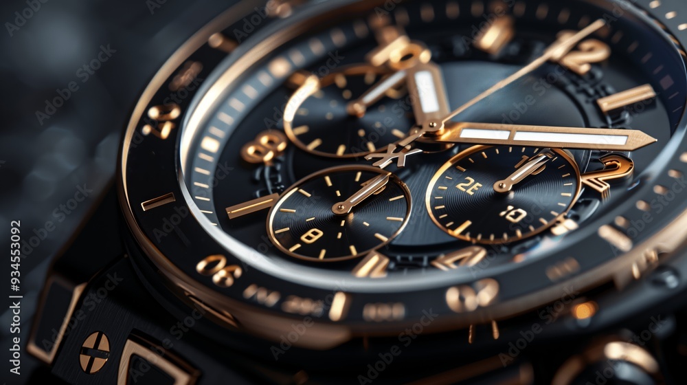 Stunning Close-Up of a Luxurious Black and Gold Chronograph Watch on a Dark Surface Stunning Close-Up of a Luxurious Black and Gold Chronograph Watch on a Dark Surface