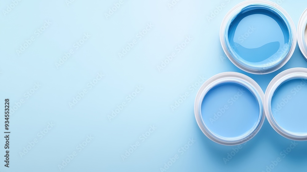 Three blue paint cans are arranged in a row on a blue background Three blue paint cans are arranged in a row on a blue background
