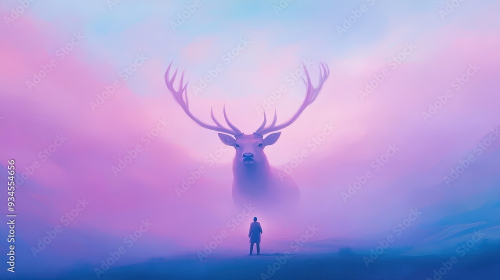 A man stands in front of a large deer in a foggy, purple sky A man stands in front of a large deer in a foggy, purple sky