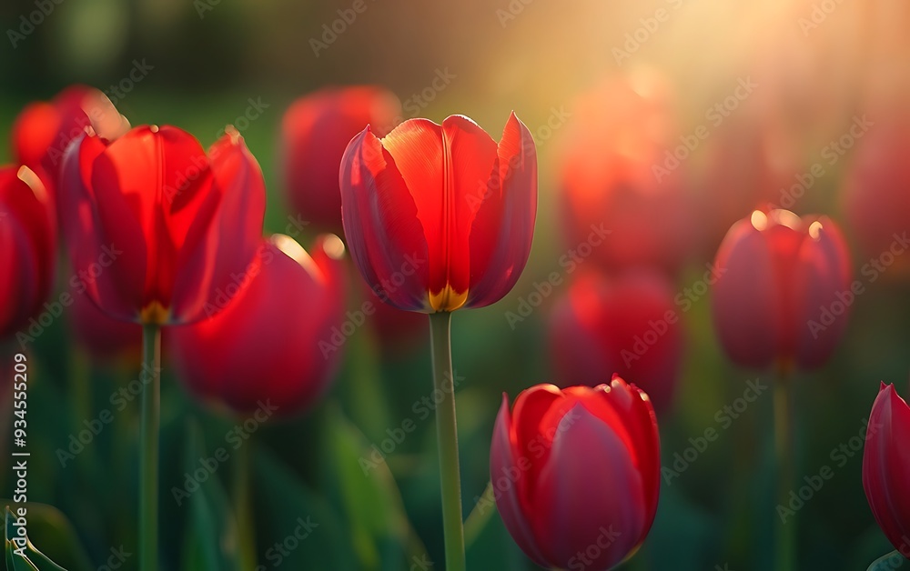 Obraz premium Red tulips in a field at sunset, with the sun shining through the petals.