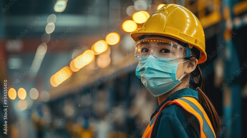 Workers donning helmets and protective masks in a cargo warehouse adjusting to the new standard in industrial operations and logistics following the Covid-19 pandemic. Workers donning helmets and protective masks in a cargo warehouse adjusting to the new standard in industrial operations and logistics following the Covid-19 pandemic.