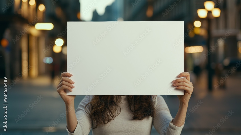 A woman is holding a blank sign in front of a building A woman is holding a blank sign in front of a building