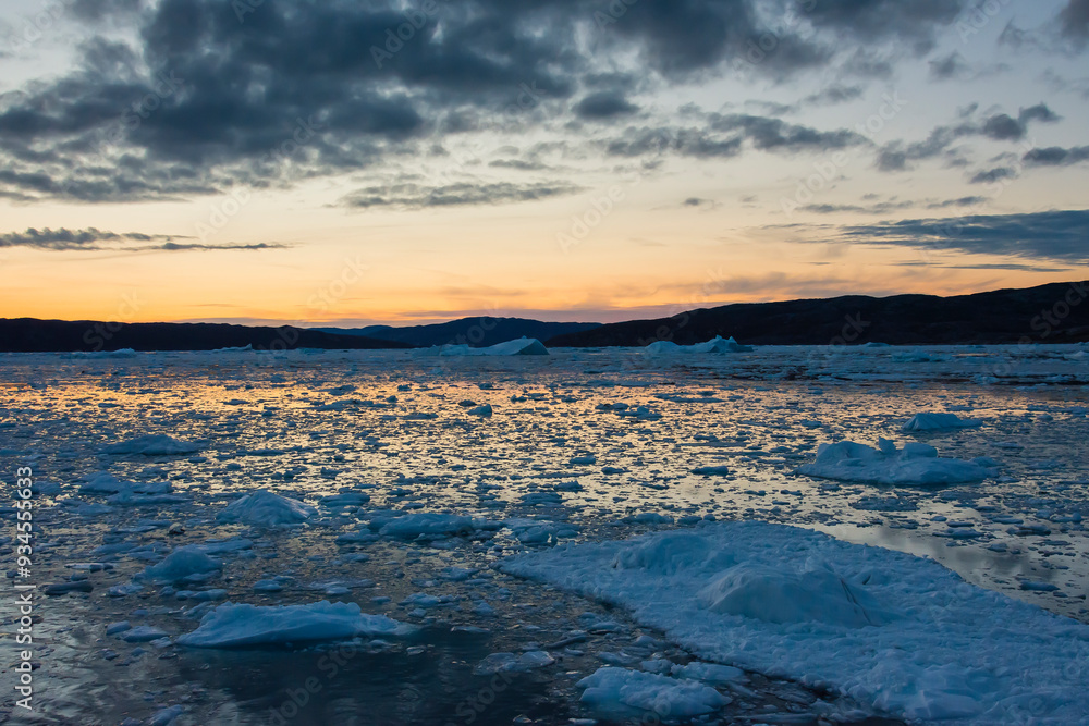 Greenland. Disko Bay. Brash ice at sunset. Greenland. Disko Bay. Brash ice at sunset.