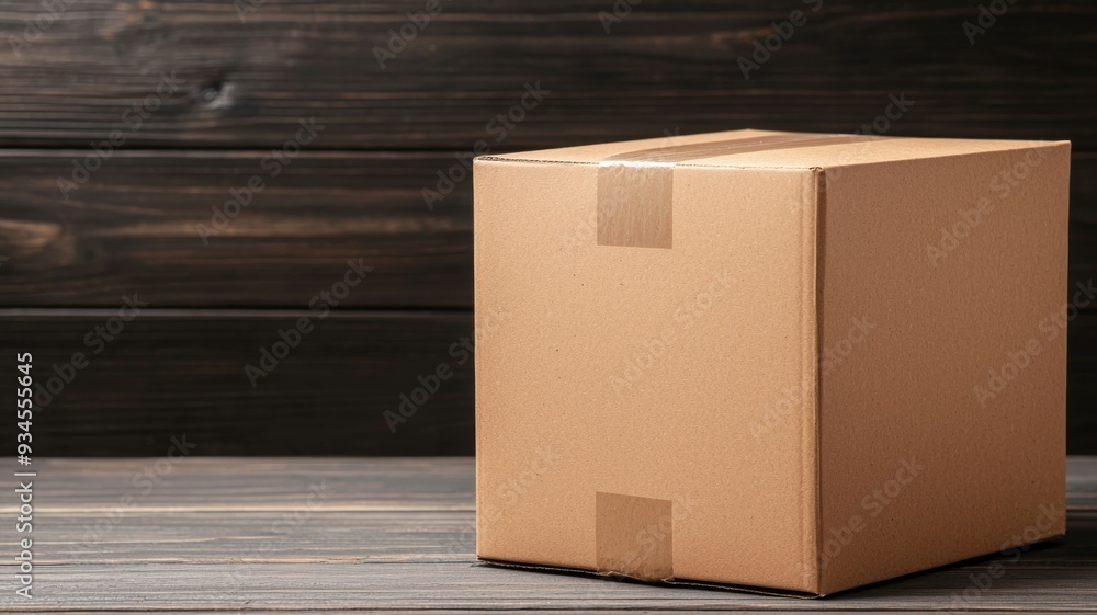 A cardboard box sits on a wooden surface A cardboard box sits on a wooden surface