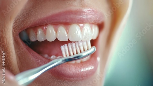 A woman is brushing her teeth with a silver toothbrush