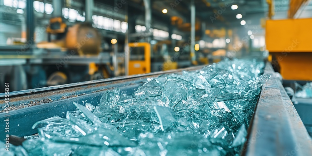 Photo of glass recycling process in industry broken glass being recycled. Concept Recycling Industry, Glass Recycling, Broken Glass, Environmental Sustainability, Industrial Process Photo of glass recycling process in industry broken glass being recycled. Concept Recycling Industry, Glass Recycling, Broken Glass, Environmental Sustainability, Industrial Process