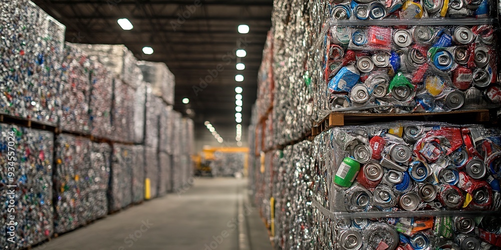 Obraz premium Recycled Aluminum Cans and Packaging in a Warehouse