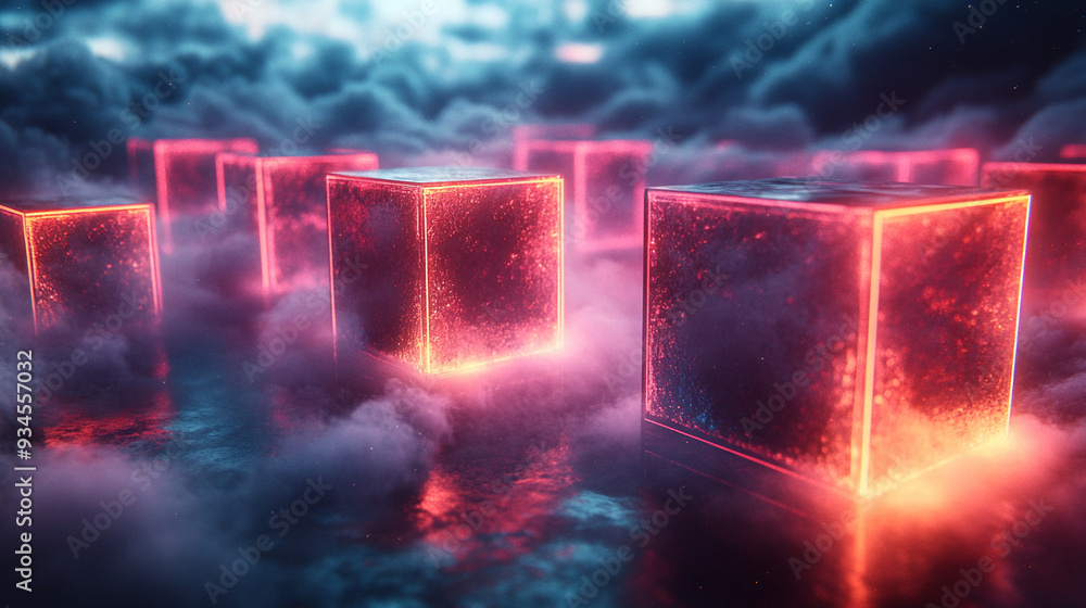 Geometric cubes floating in space each edge glowing Geometric cubes floating in space each edge glowing