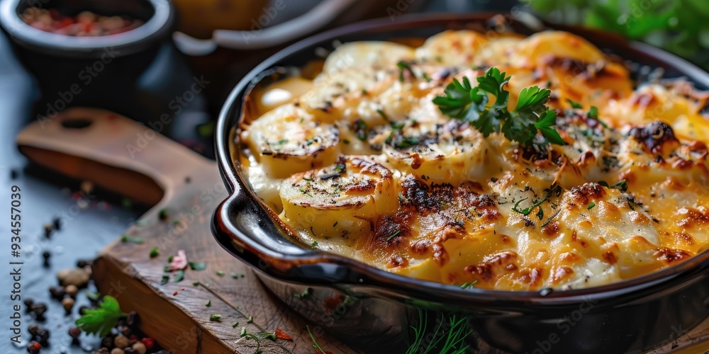Scalloped potatoes with fresh parsley garnish perfect for serving Scalloped potatoes with fresh parsley garnish perfect for serving
