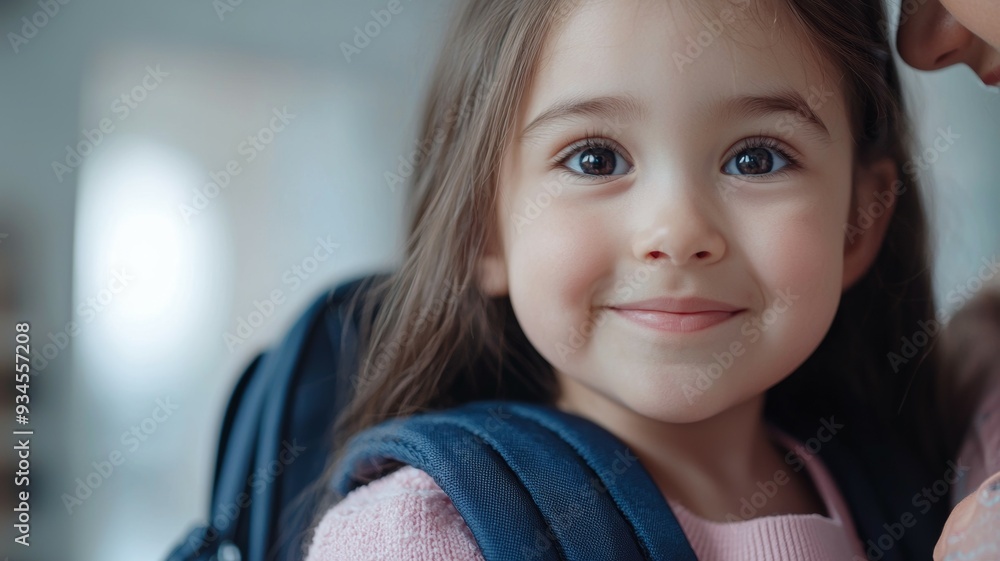 A young girl is smiling and wearing a blue backpack A young girl is smiling and wearing a blue backpack