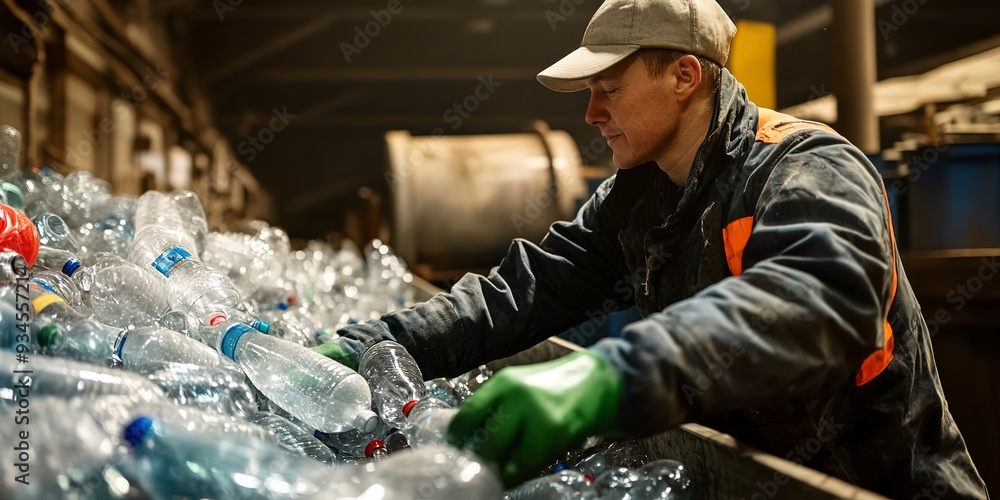 A worker sorts plastic bottles in a recycling facility, promoting environmental sustainability and waste management initiatives. A worker sorts plastic bottles in a recycling facility, promoting environmental sustainability and waste management initiatives.
