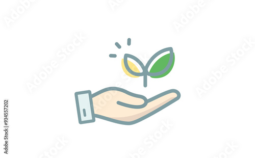 手のひらに乗せた若葉マークの線画アイコン