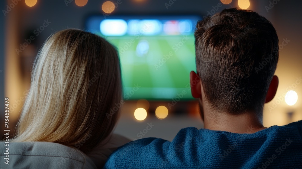 A man and woman are watching a soccer game on a television A man and woman are watching a soccer game on a television