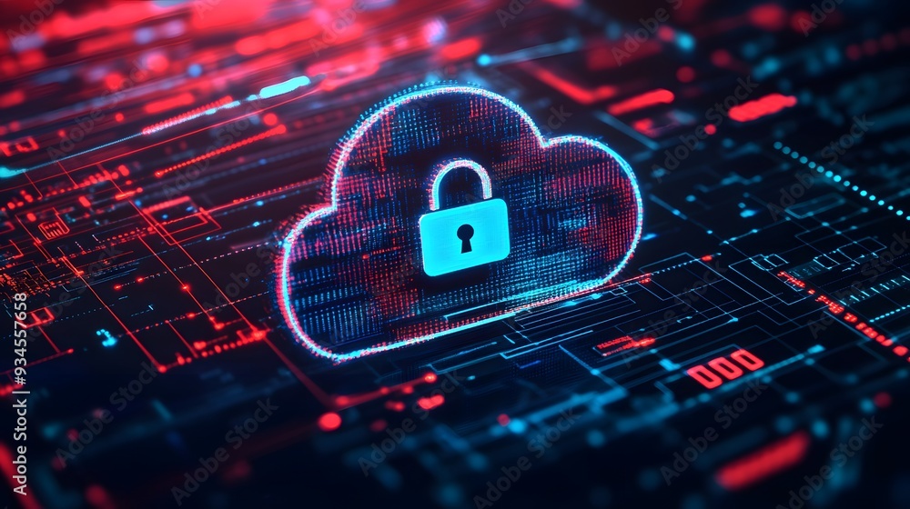An abstract illustration featuring a stylized cloud icon with a secure ...
