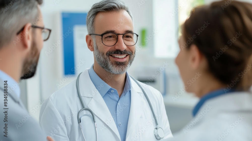 Three doctors are smiling at the camera Three doctors are smiling at the camera