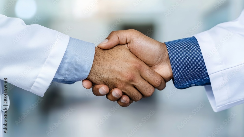 Two doctors shake hands in a hospital setting Two doctors shake hands in a hospital setting