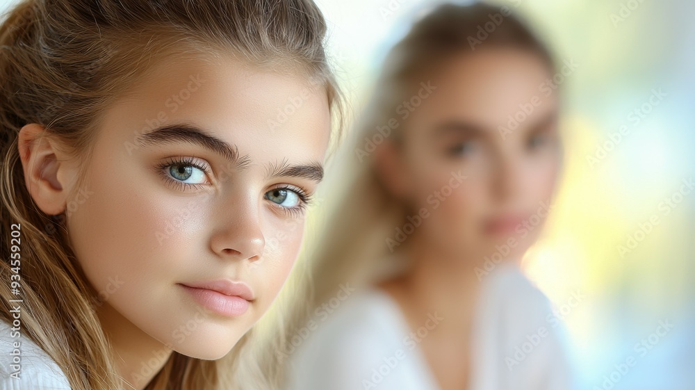 Two young women are standing next to each other, one with a blue shirt Two young women are standing next to each other, one with a blue shirt