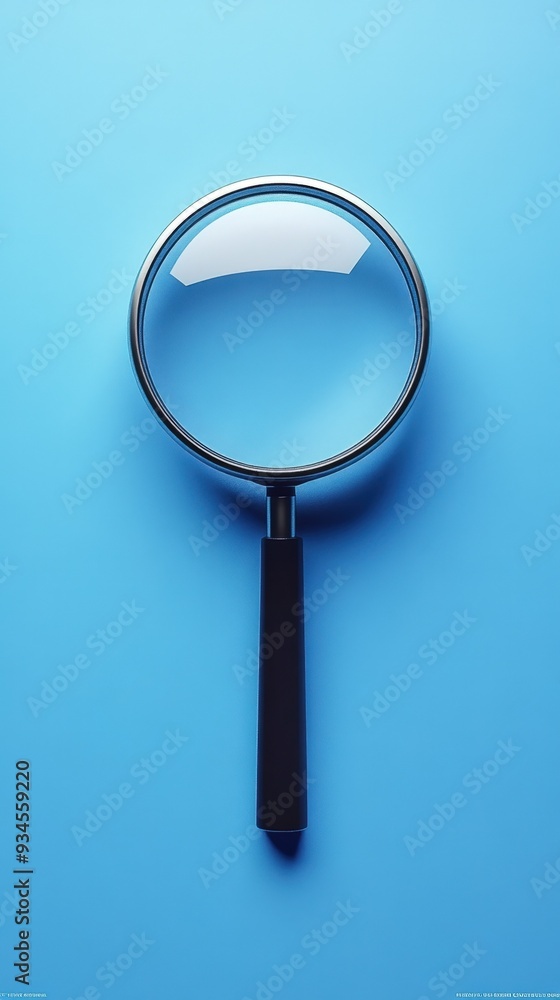 Symbol of a magnifying glass on a blue isolated background with a job search icon in the center, Close-up shot, 3D Blender Style, studio lighting Symbol of a magnifying glass on a blue isolated background with a job search icon in the center, Close-up shot, 3D Blender Style, studio lighting