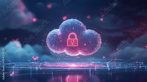 A conceptual design showing a floating cloud icon connected to a padlock, with a glowing aura and digital elements surrounding it, symbolizing cybersecurity and secure cloud storage solutions photo