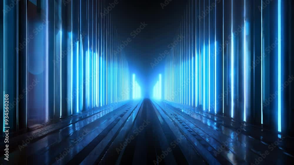 Futuristic corridor illuminated by glowing blue lights, creating an ethereal atmosphere and a stunning visual perspective. Futuristic corridor illuminated by glowing blue lights, creating an ethereal atmosphere and a stunning visual perspective.