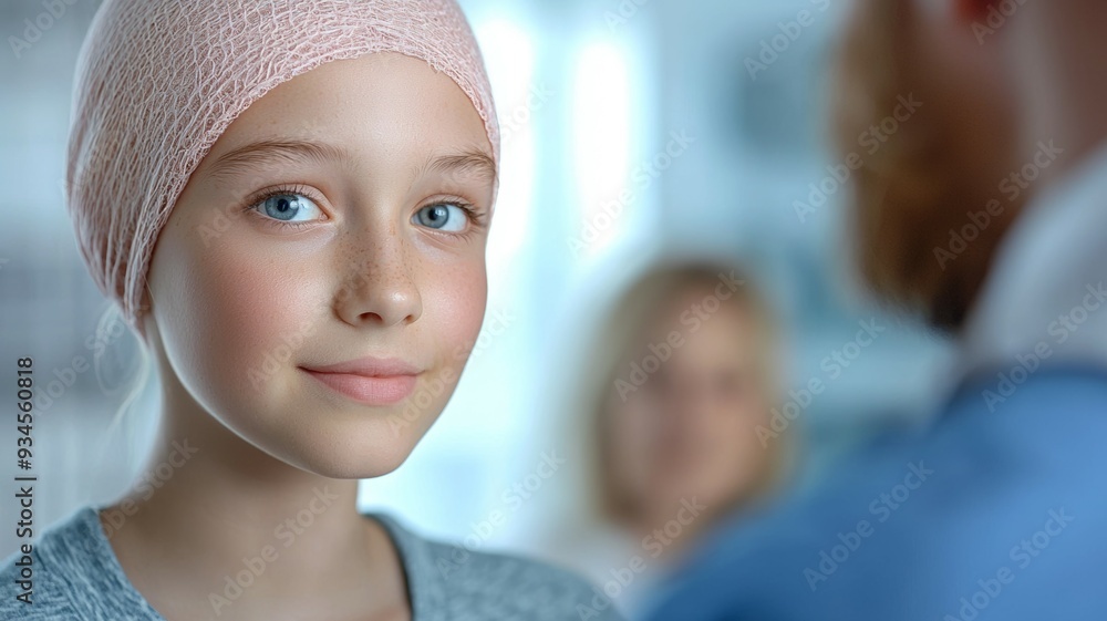 A young girl with a pink bandana on her head is smiling at the camera A young girl with a pink bandana on her head is smiling at the camera
